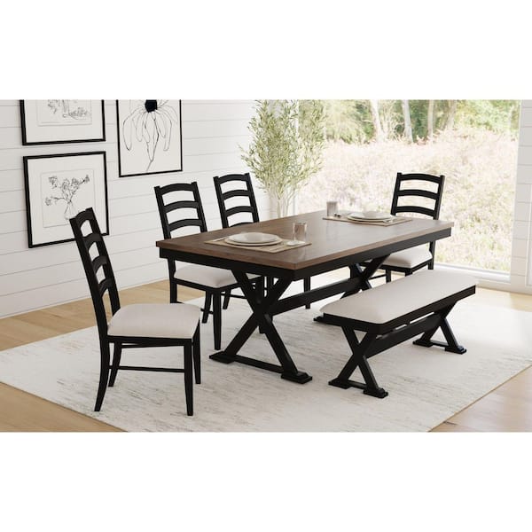 Lorraine Oak and Black 29.5 in. 6-Piece Dining Set with Table, 4 Chairs, and Bench