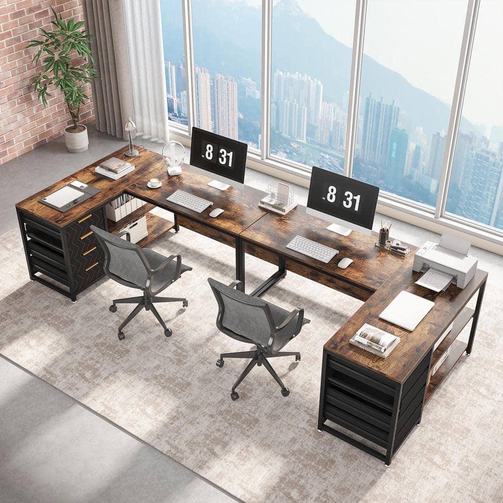 Brown L-Shaped Computer Desk with Drawers and Shelves