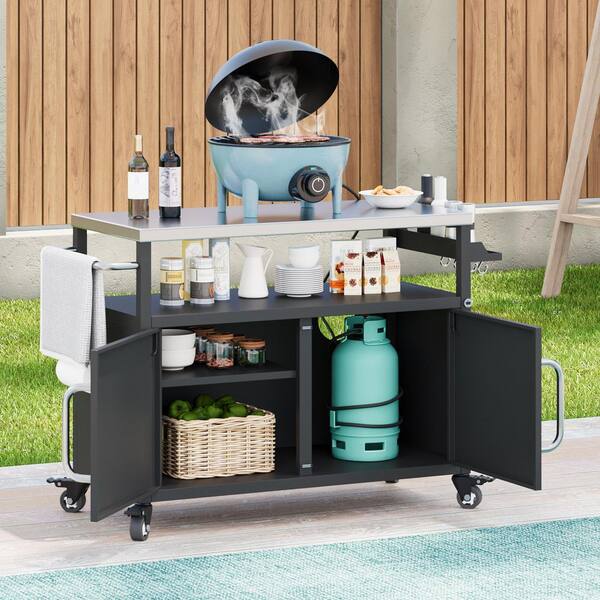 54.5 in. Outdoor Kitchen Island with Steel Tabletop, Metal Serving