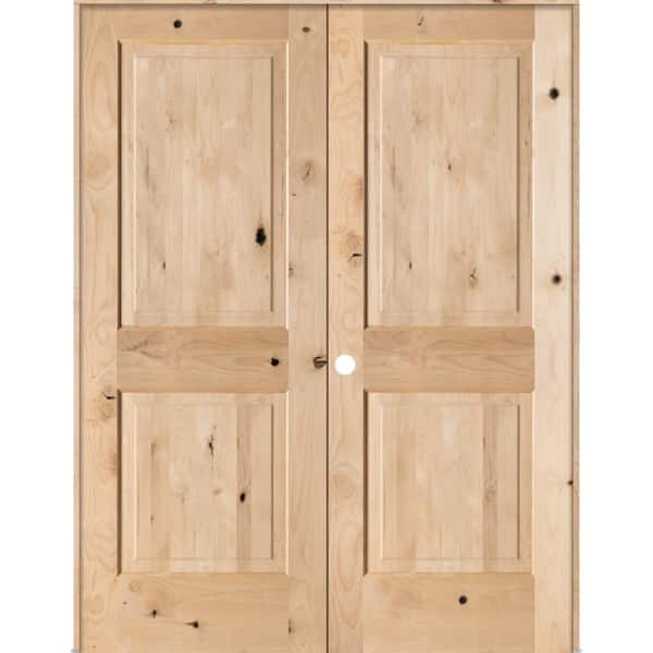 Krosswood Doors 56 in. x 80 in. Rustic Knotty Alder 2-Panel Square Top Right Handed Solid Core Wood Double Prehung Interior French Door