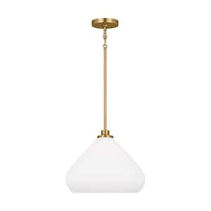 Margo 1-Light Satin Brass Shaded Pendant Light with Etched Opal Glass