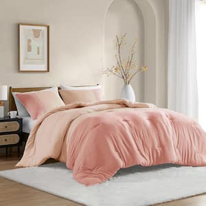 Miro 3-Piece Pink Microfiber Full/Queen Soft Washed Color Block Comforter Set