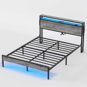 Grey Metal Frame Queen Size Platform Bed with Charge Station and Storage Headboard, LED Lights
