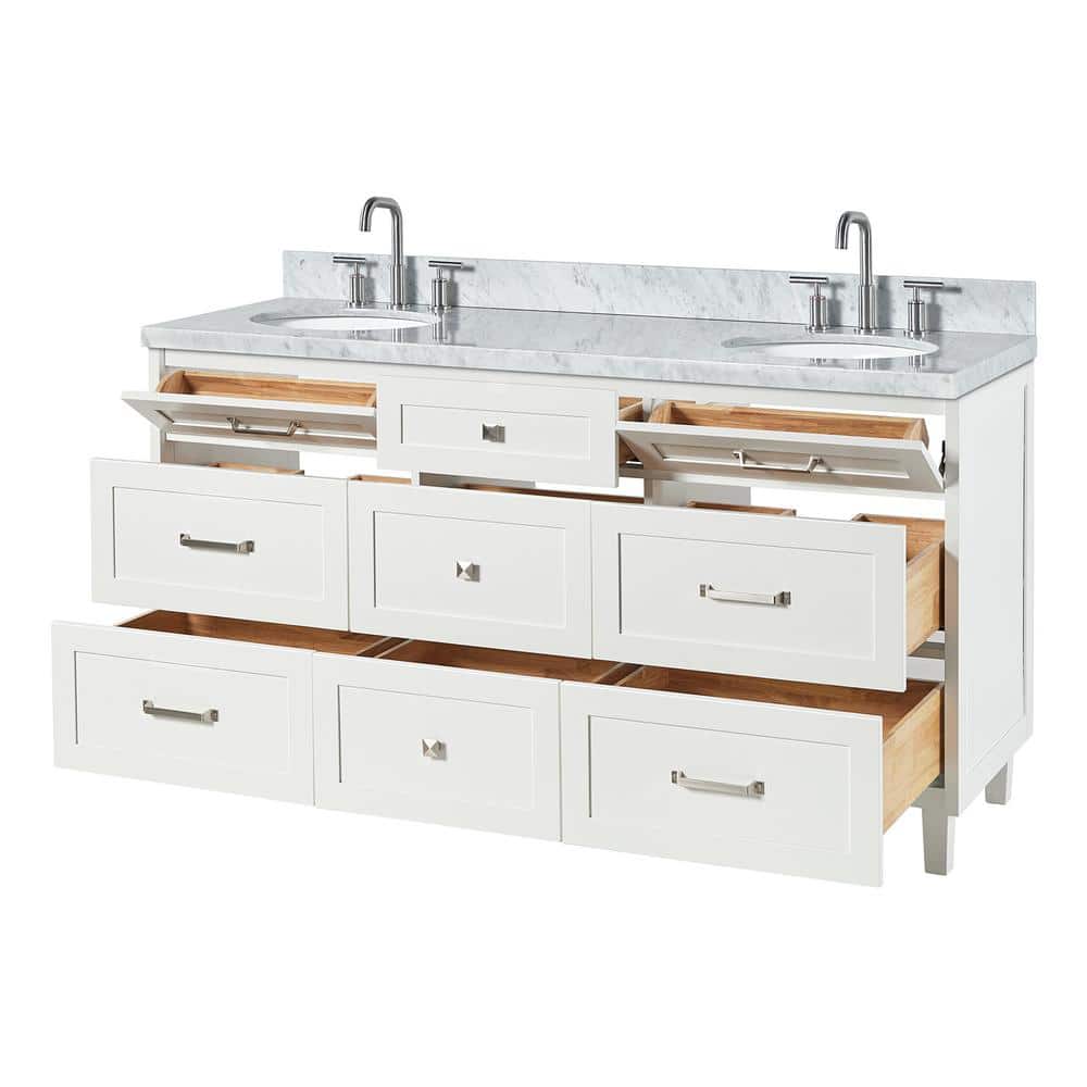White Double Sink Freestanding Vanity with Carrara Marble Top