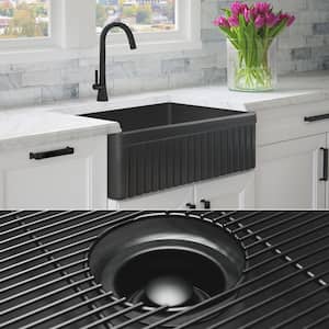 Luxury Matte Black Solid Fireclay 33 in. Single Bowl Farmhouse Apron Kitchen Sink with Matte Black Accs and Fluted Front
