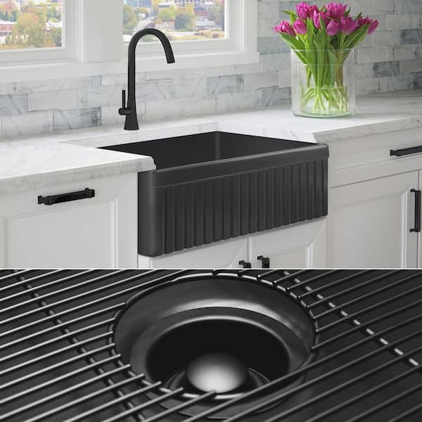 Fossil Blu Luxury Matte Black Solid Fireclay 33 in. Single Bowl Farmhouse Apron Kitchen Sink with Matte Black Accs and Fluted Front