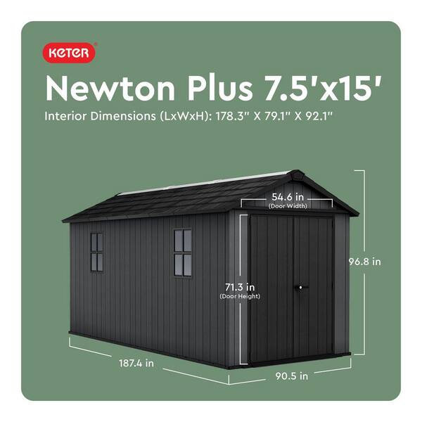 Newton Plus 7.5 ft. W x 15 ft. D Durable Resin Plastic Storage Shed with Floor Graphite 118 sq. ft.