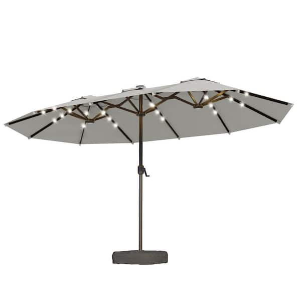 15 ft. Rectangule Outdoor Double Sided Market Patio Umbrella in Light Gray with Base and LED Lights for Poolside Lawn
