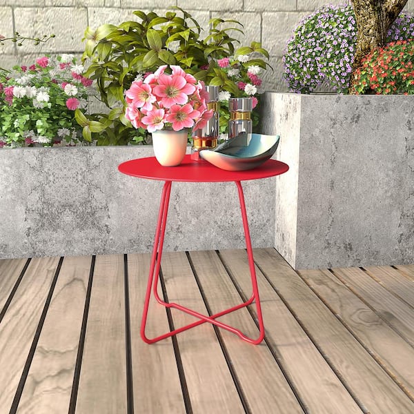 BANSA ROSE 17.75 in. Dard Red Round Patio Steel Patio Side Table, Weather-Resistant Outdoor Round End Table