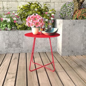 17.75 in. Dard Red Round Patio Steel Patio Side Table, Weather-Resistant Outdoor Round End Table