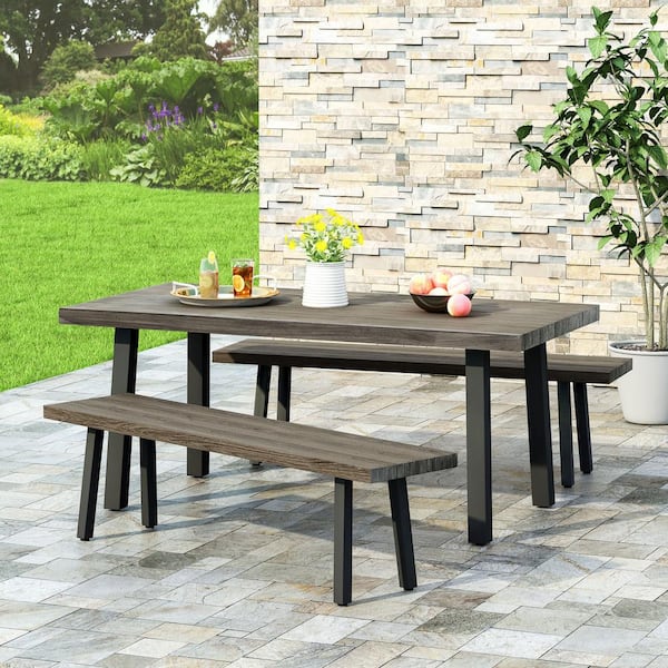 Noble House Pointe Grey 3-Piece Aluminum Rectangular Outdoor Patio Dining Set