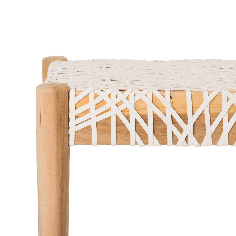 Transitional Natural Teak & Brown Leather Weave Bench, 47"