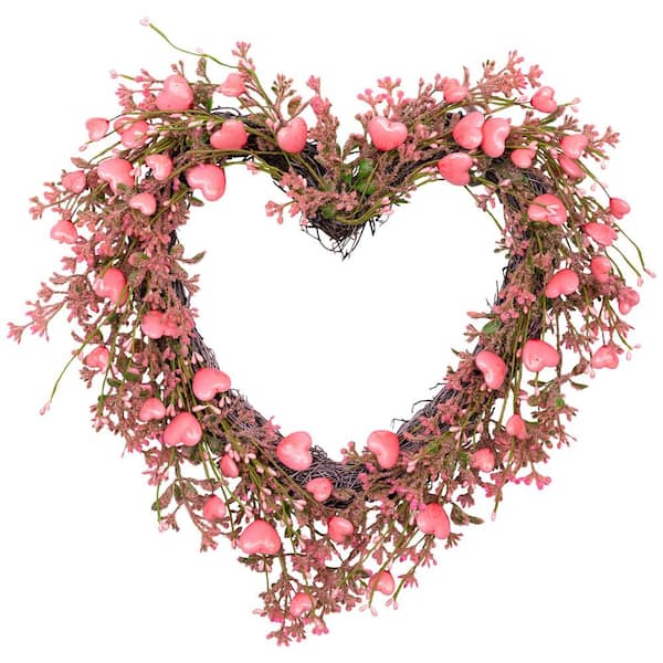 Hearts and Rosebuds Artificial Heart Shaped Valentine's Day Wreath - 18 in. - Pink