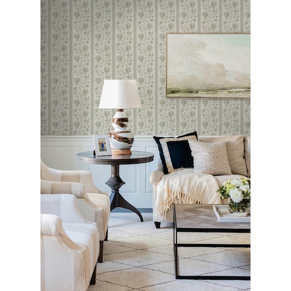 Green Edgemoor Sage Jacobean Stripe Wallpaper Sample