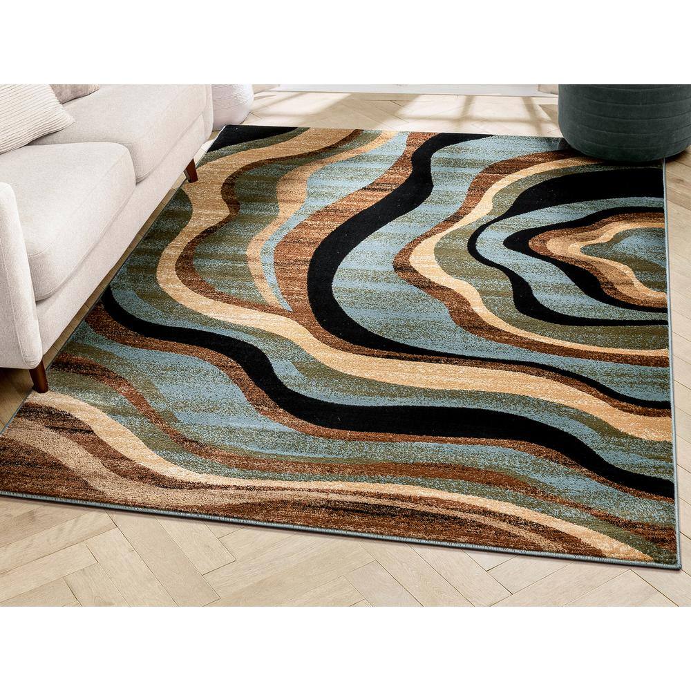 Modern Geometric Blue and Beige Rectangular Area Rug
