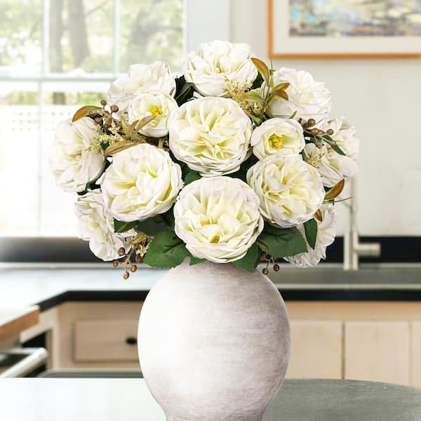 LIVING LUXURY 18 in. Cream White Artificial Cabbage Rose Flower Stem Bush Bouquet (Set of 2)