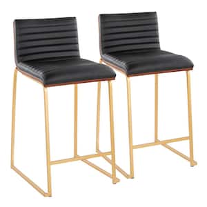 Mason Mara 24.5 in. Black Faux Leather, Walnut Wood and Gold Metal Counter Stool (Set of 2)