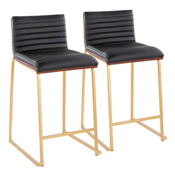 Lumisource Mason Mara 24.5 in. Black Faux Leather, Walnut Wood and Gold Metal Counter Stool (Set of 2)
