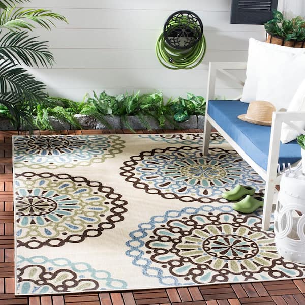 Veranda Cream/Blue 5 ft. x 5 ft. Geometric Floral Indoor/Outdoor Square Area Rug