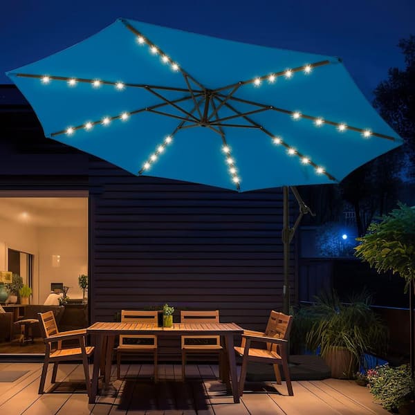 PASAMIC 10 ft. Solar LED Offset Hanging Umbrella Cantilever Patio Umbrella with Tilt Adjustment and Cross Base in Royal Blue
