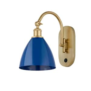 Plymouth Dome 1-Light Satin Gold, Blue Wall Sconce with Blue Metal Shade