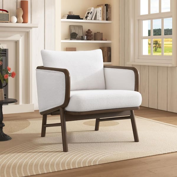 White Sherpa Fabric Accent Chair, Upholstered Armchair with Solid Wood Frame, Lounge Chair for Living Room