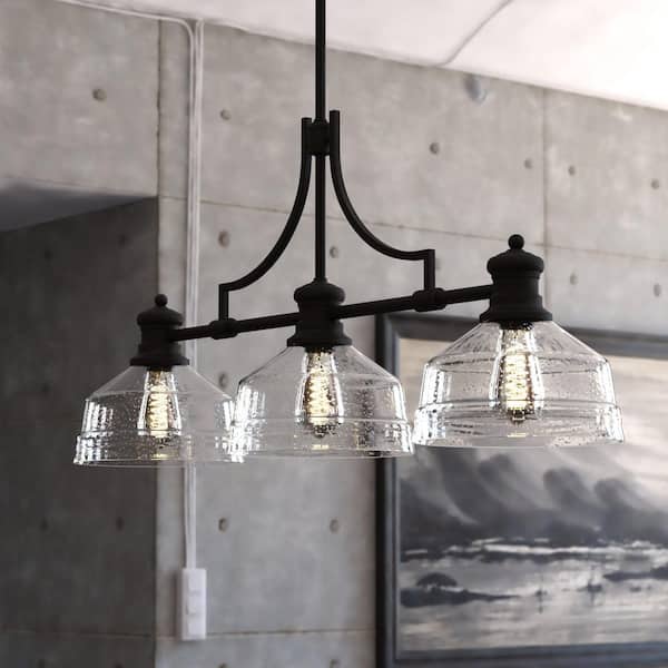 VAXCEL Beloit 3 Light LED Compatible Black Farmhouse Linear Chandelier Island Pendant Fixture Clear Glass