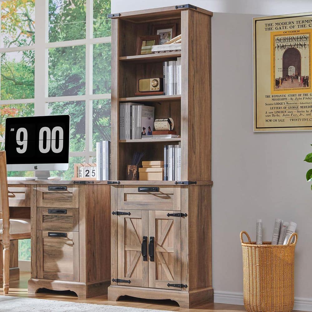 72 in. Tall Rustic Natural Oak Wood 4-Shelf Standard Bookcase with Drawer and Adjustable Shelves