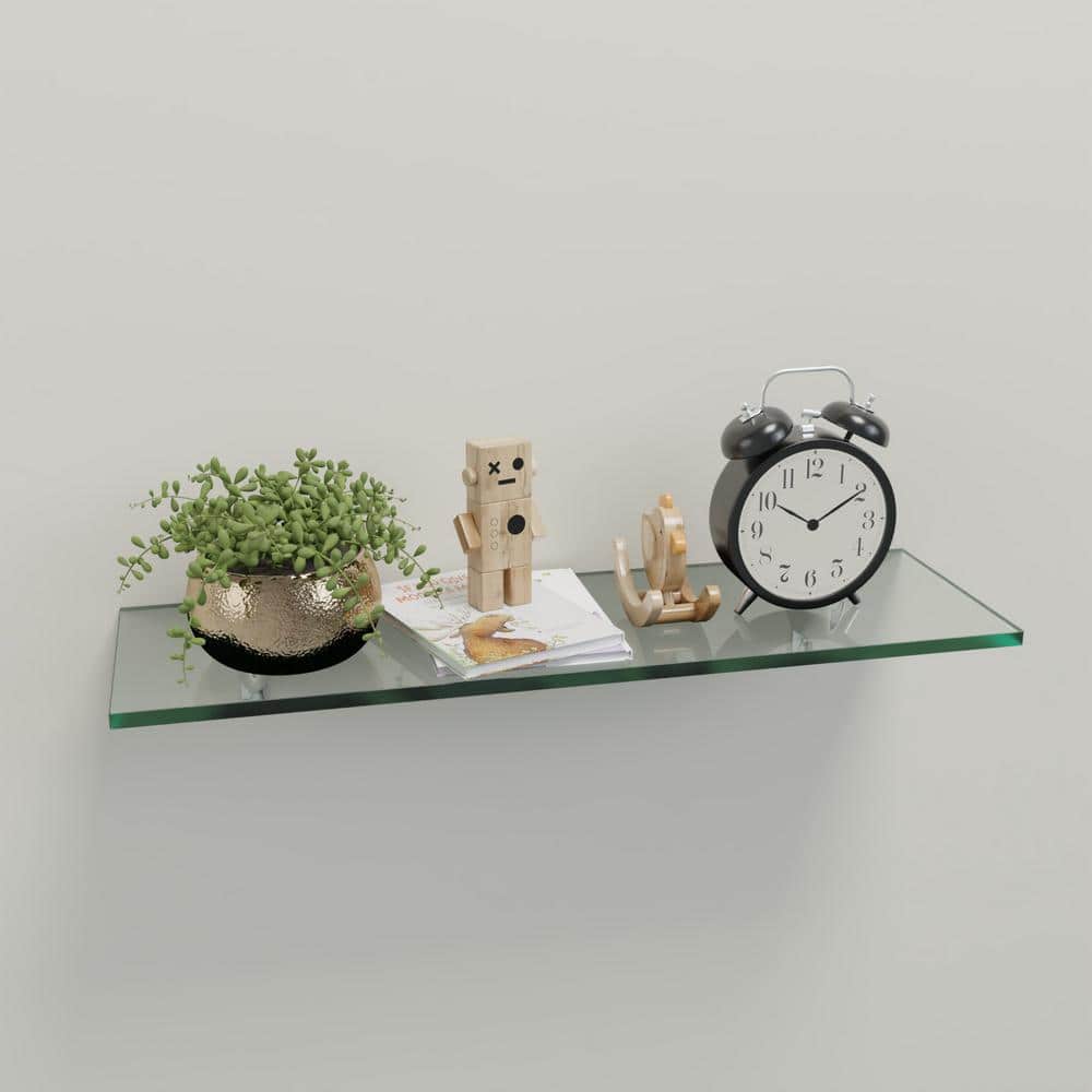 Clear Tempered Glass Floating Wall Shelf with Chrome Brackets