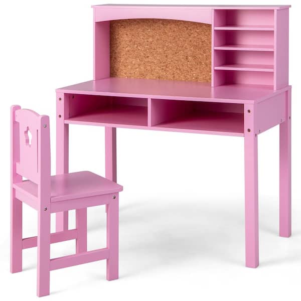 Costway 2-Piece Kids Desk and Chair Set Wood Top Study Writing Workstation with Hutch & Bulletin Board Pink