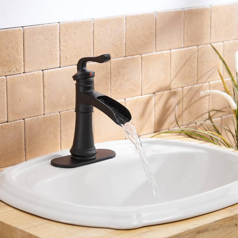Matte Black Single Handle Waterfall Bathroom Faucet with Drain Assembly
