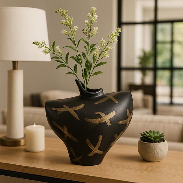Liv & Skye 8 in. Black Ceramic Glossy Spiked Decorative Vase 12068