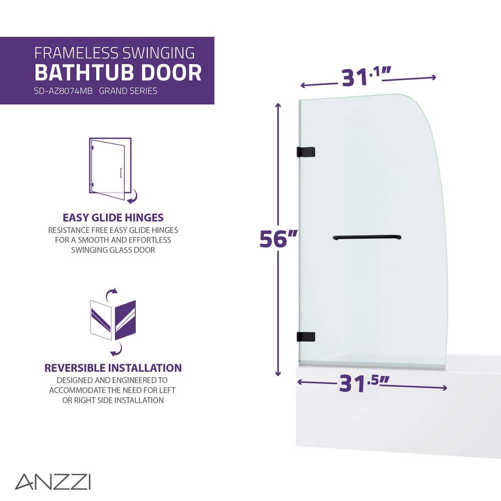 Matte Black Frameless Hinged Tub Door with Clear Glass