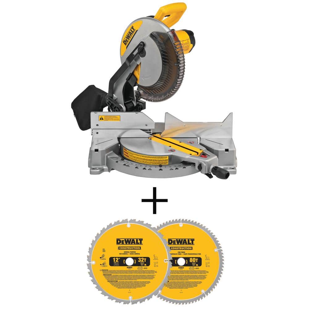 DEWALT 15 Amp Corded 12 in. Single Bevel Compound Miter Saw and 12 in. Miter Saw Blade 32-Teeth and 80-Teeth (2 Pack) -  DWS715WDW3128P5