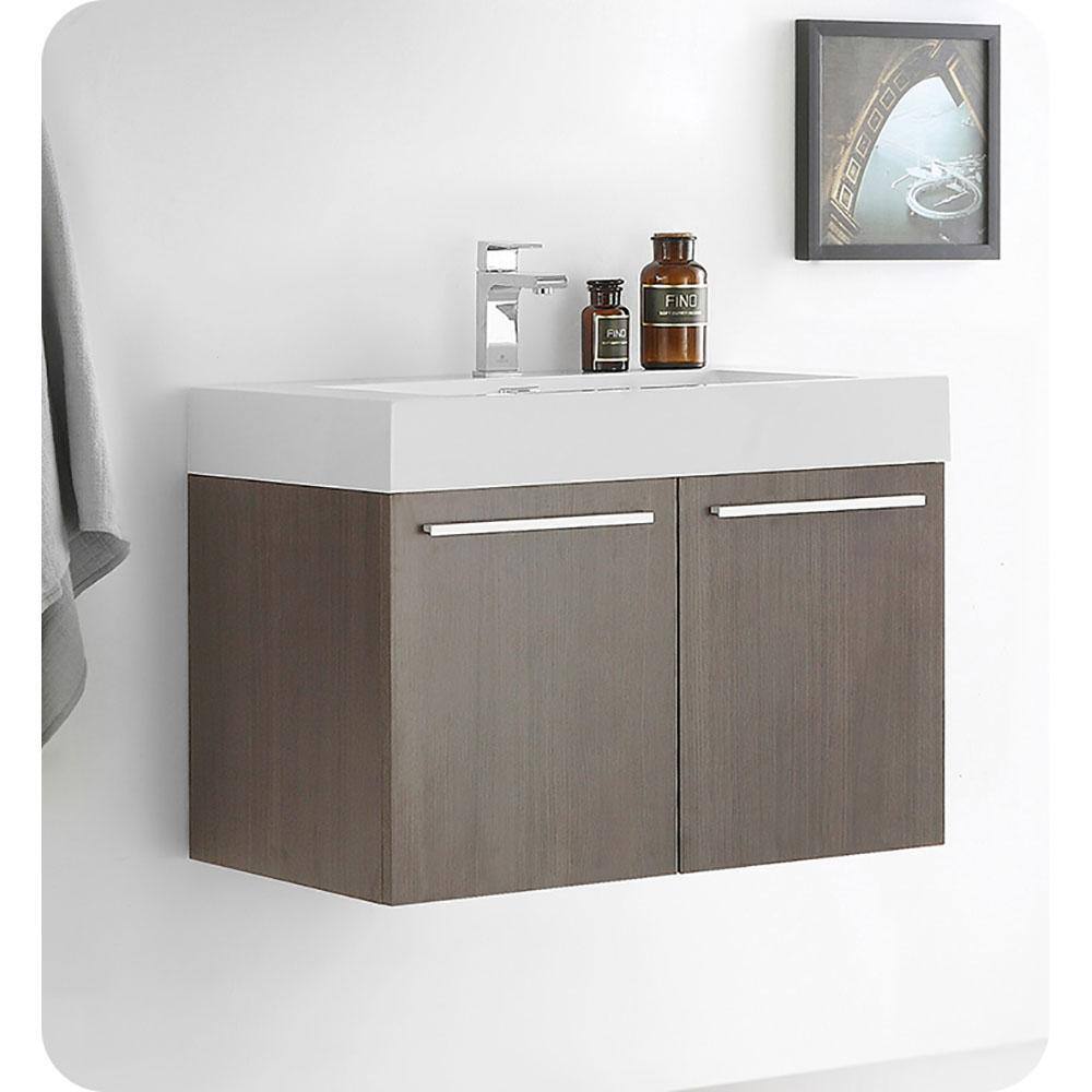 Gray Oak Wall-Mount Vanity with White Acrylic Sink