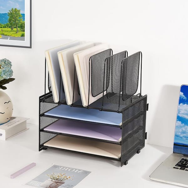 Black 12.6 in. x 14.2 in. Metal Desk Organizers with 5 Vertical File Holders