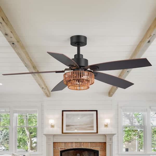 Augus 52 in. Indoor Black Farmhouse Ceiling Fans with Rattan Light Kit and Remote Control Included