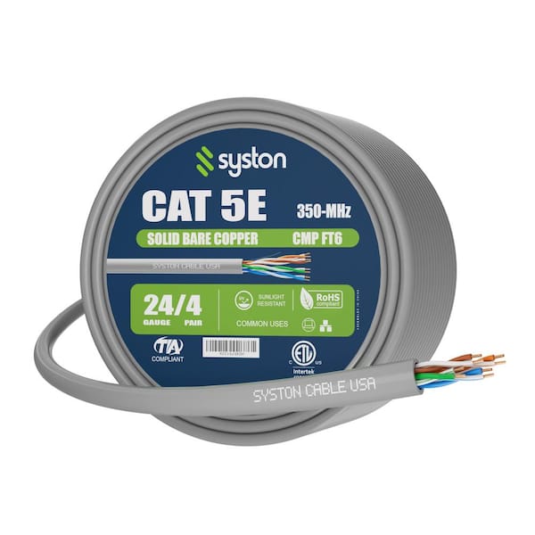 Syston Cable Technology 250 ft. Gray CMP Cat 5e 350MHz 24AWG Solid Bare Copper Ethernet Network Wire Data Cable - Bulk No Ends Heat Resistant