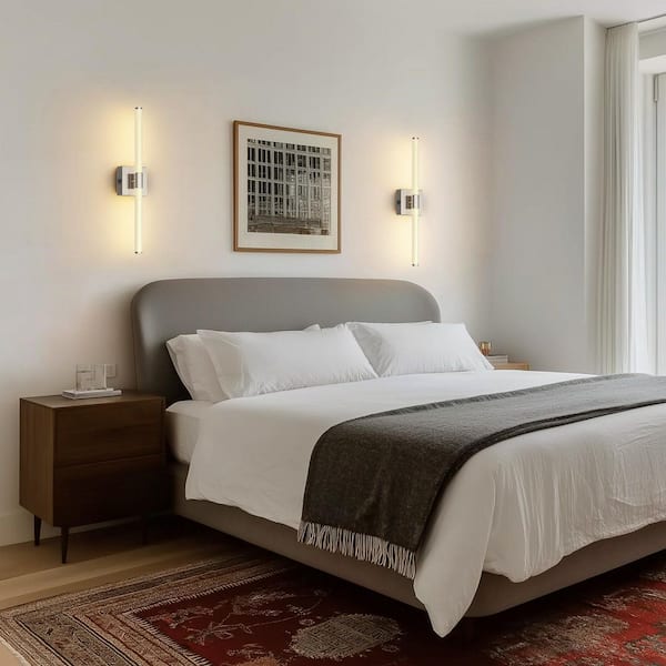 24 in. Nickel 1-Light LED Wall Light Set 3000 K Rechargeable Dressing Table Light Strip for Bedroom (2-Pack)