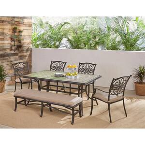 Monaco 6-Piece Aluminum Outdoor Dining Set with Tan Cushions with a Cushioned Bench and Tile-Top Table