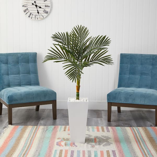 Nearly Natural 4.5 ft. Golden Cane Artificial Palm Tree in Tall White Planter