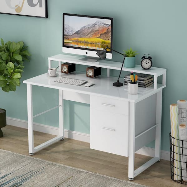 TRIBESIGNS WAY TO ORIGIN Kelly 47 in. Rectangular White Metal White Particle Board Wood 2 Drawer Computer Desk with Monitor Stand