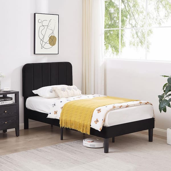 VECELO Upholstered Bed, Black Twin Bed Platform BedFrame with Adjustable Headboard, Strong Wooden Slats Support Bed Frame