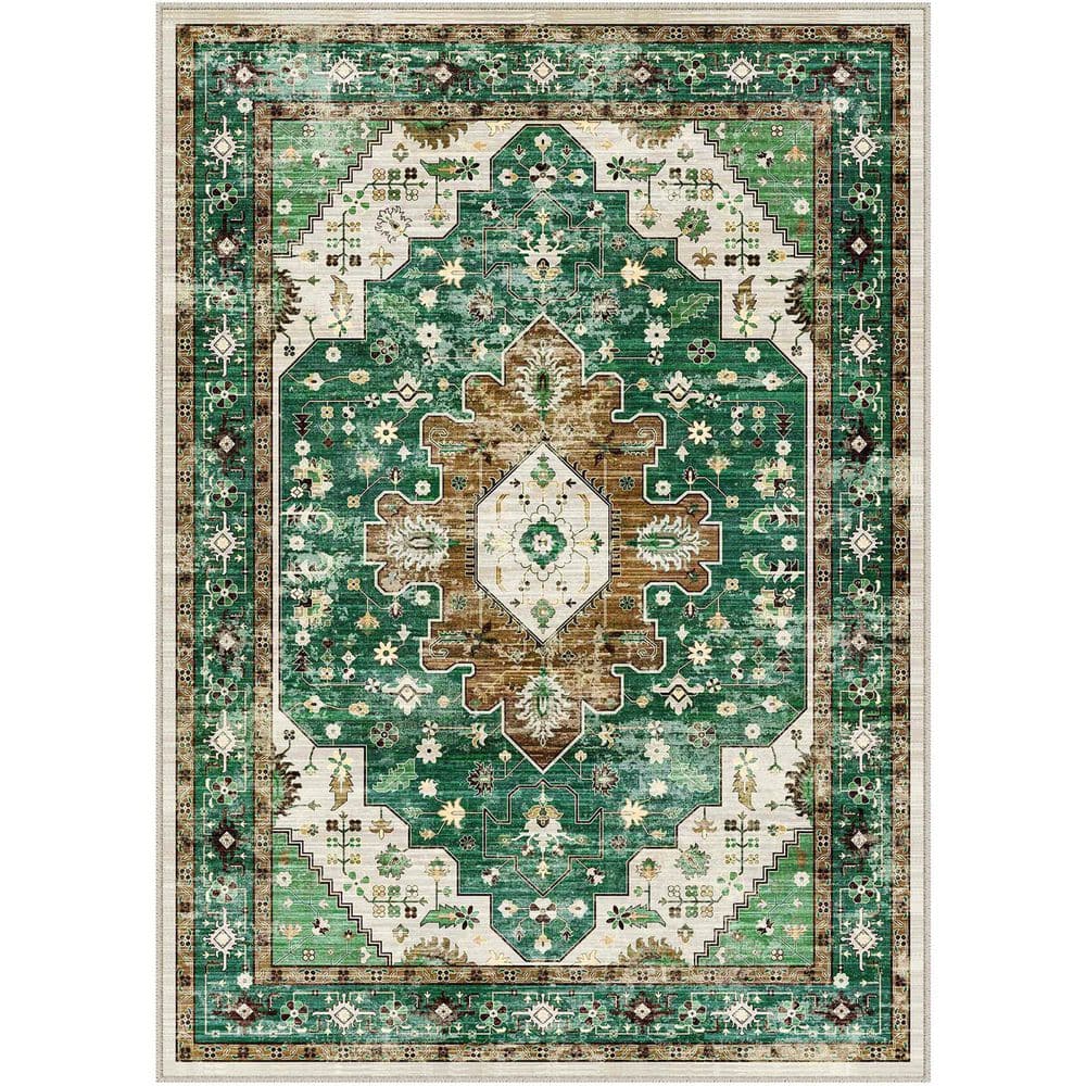 HaiiMeid Mandela Green 8 ft. x 10 ft. Vintage Washable Medallion