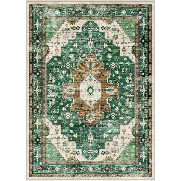 Mandela Green 9 ft. x 12 ft. Vintage Washable Medallion Distressed Area Rug