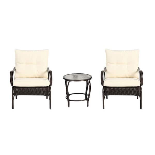 Black 3-Piece Wicker Patio Conversation Set with White Cushions