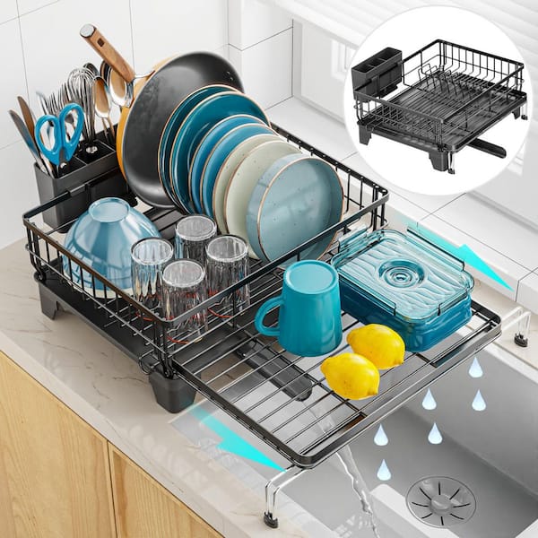 22.4in Dish Drying Rack Expandable 2-in-1 Drainer with Pan Slots Utensil Holder and Drainboard for Sink in Black