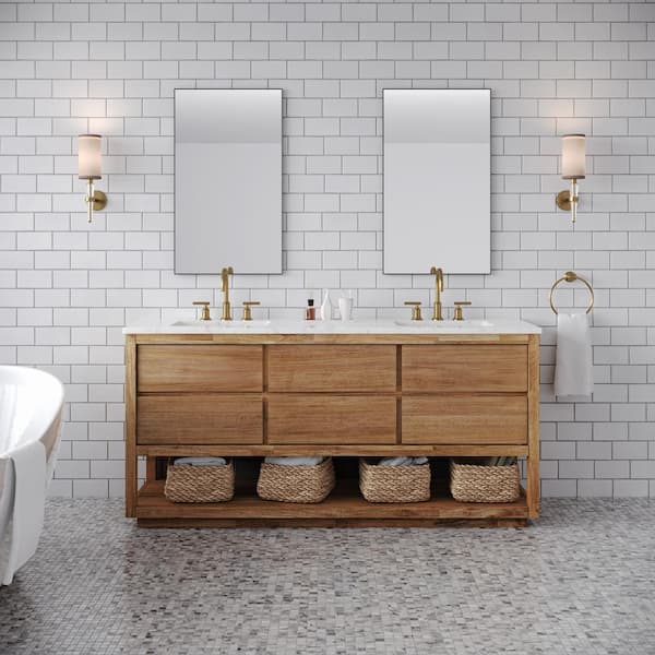 Water Creation Oakman 72 in. W x 22 in. D x 34.3 in. H Double Sink Bath Vanity in Mango Wood with White Marble Top and White Basin