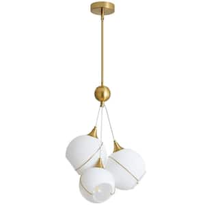 Modern 3 Light Gold Chandelier Height Adjustable with 3 Globe Opal Frosted Glass Shade for Dining Room Living Room
