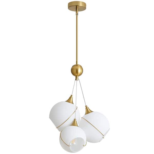 Modern 3-Light Gold Chandelier Height Adjustable with 3 Globe Opal Frosted Glass Shade for Dining Room Living Room